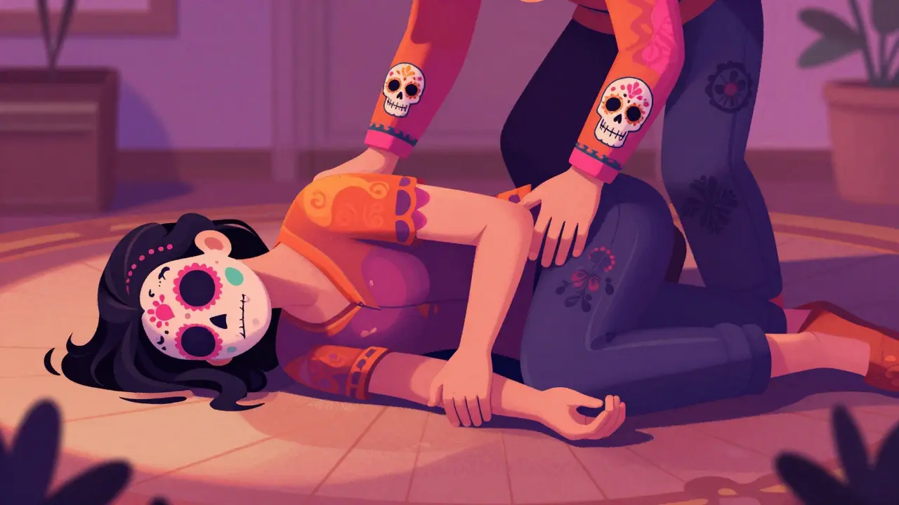 Helper placing person in recovery position on side.