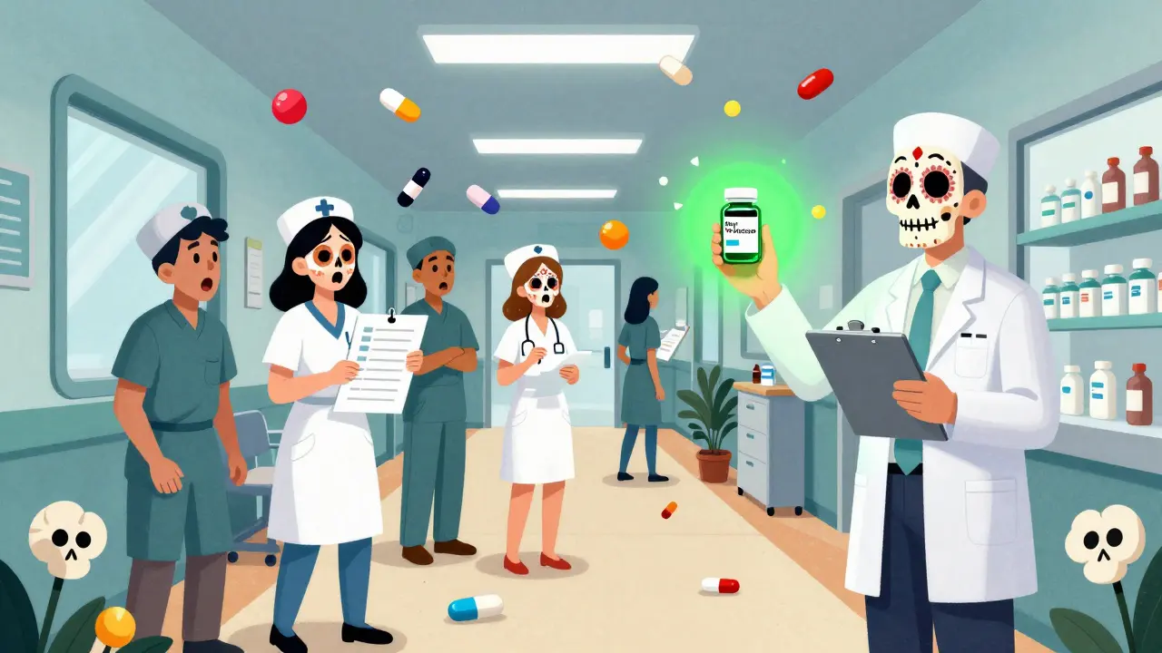 Pills changing shape in a hospital hallway as nurses react, while a pharmacist holds up a glowing backup drug with skeletal flowers blooming below.