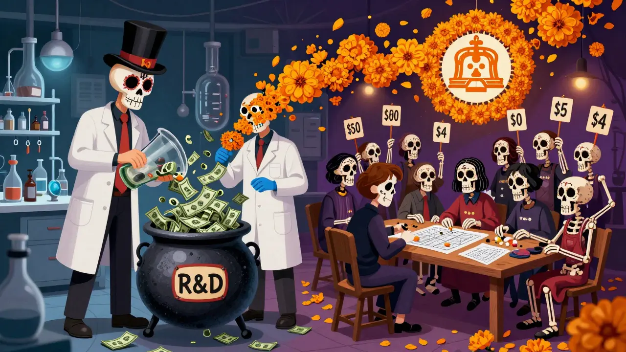 Split scene: one side shows expensive R&amp;D spending, the other shows low-cost generic manufacturing with multiple skeleton producers.