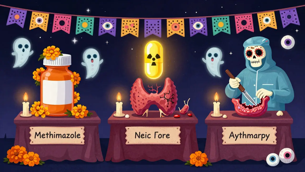 Three symbolic treatment altars—pills, radioactive capsule, and surgical scalpel—each adorned with sugar skull motifs and floating eye sockets in Day of the Dead aesthetic.