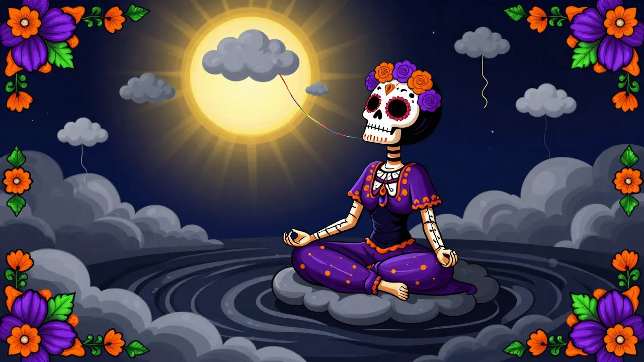 A meditating sugar skull figure watching grey clouds of negative thoughts float away into a sunny sky.