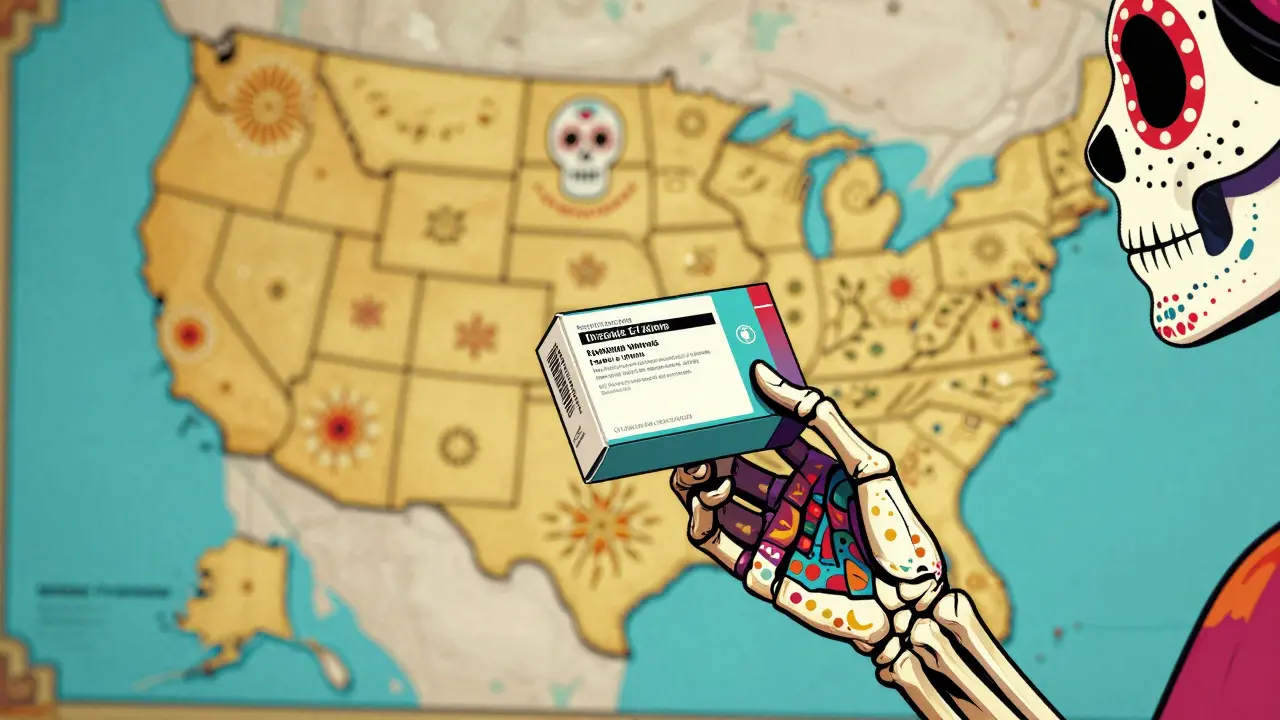 A painted skeleton hand holding a medicine box against a decorative map of the USA in Day of the Dead style.