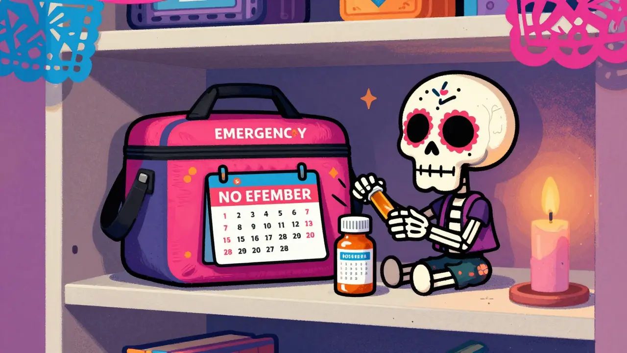 A skeleton figure checking medication expiration dates on a high closet shelf in a festive room.