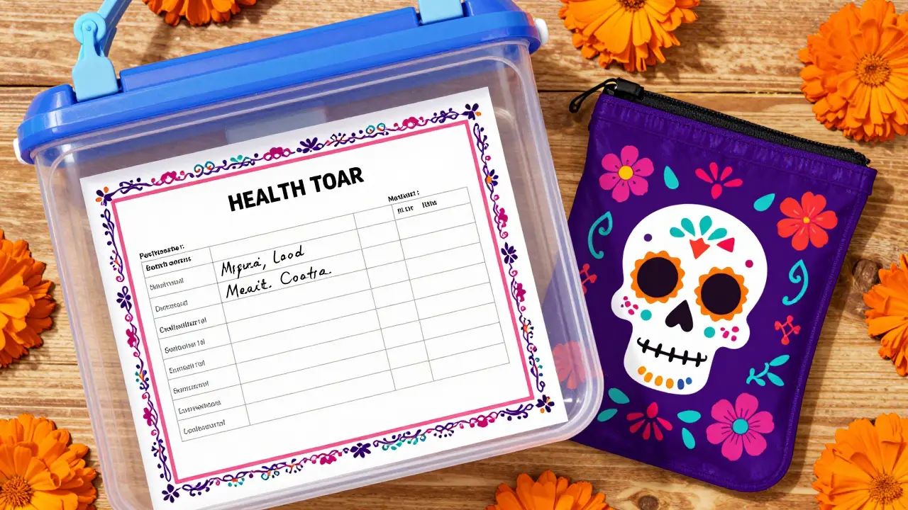 A waterproof container with health documents and a cooling pouch in a festive folk-art style.