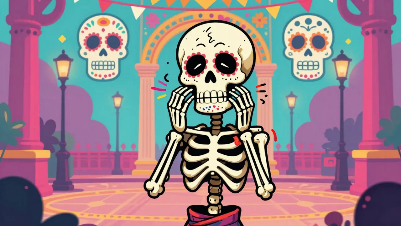 Anxious skeleton with vibration lines in a colorful, stylized Mexican plaza.