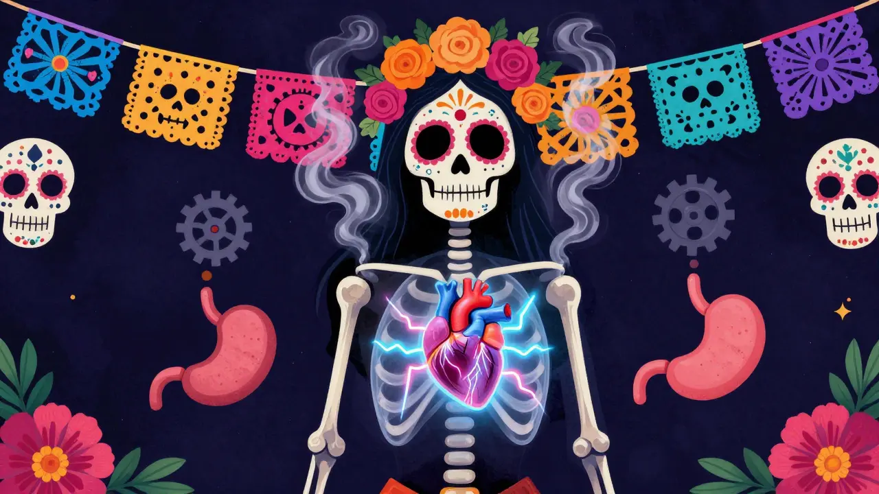 Calavera illustration showing a glowing heart and cognitive fog with vibrant folk art patterns.