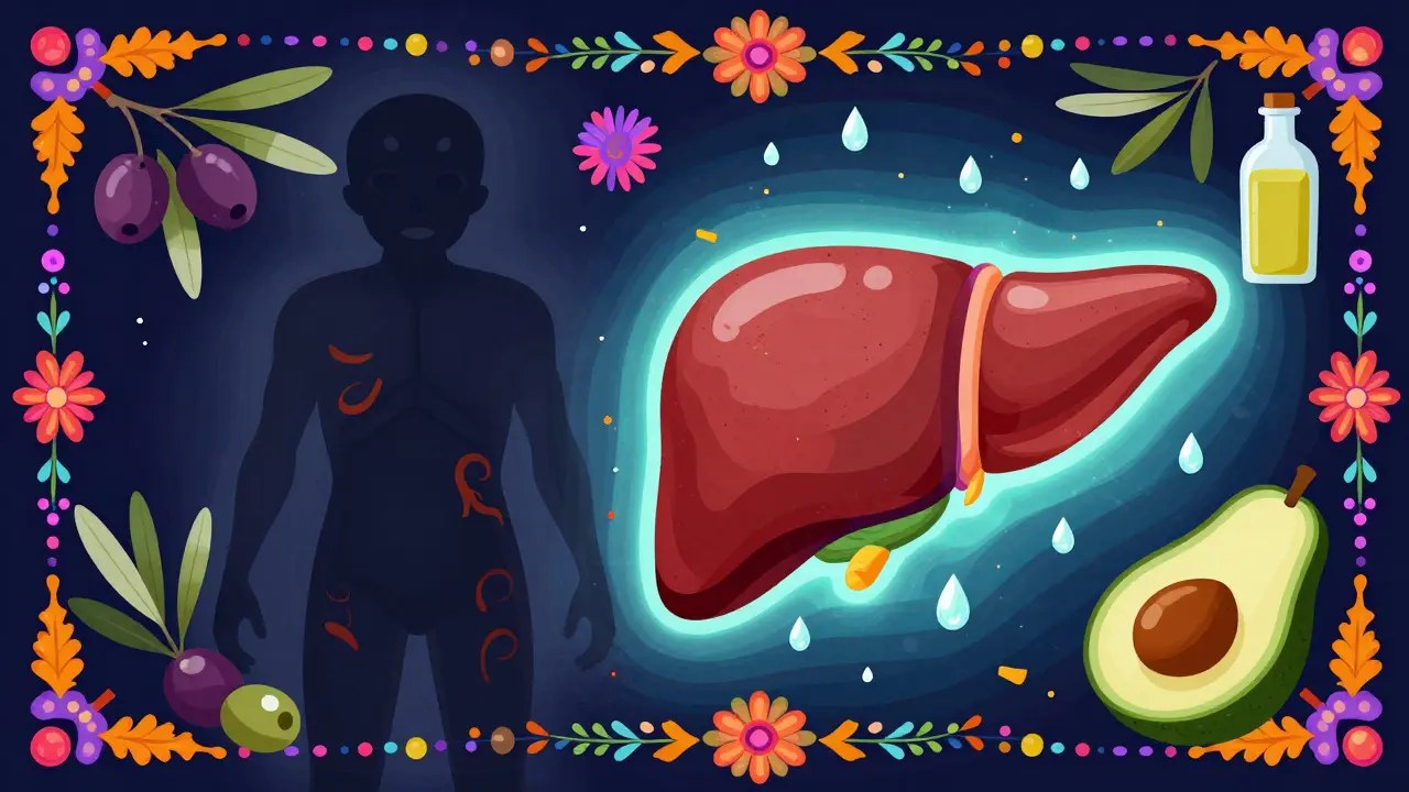 Comparison of an inflamed liver and a healthy liver with Mediterranean diet symbols.