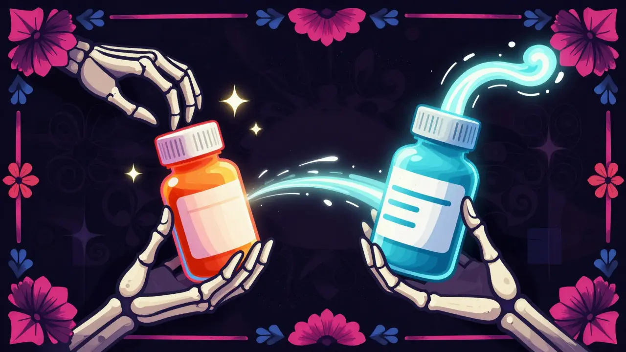 Comparison of immediate and extended release medication in festive Day of the Dead art