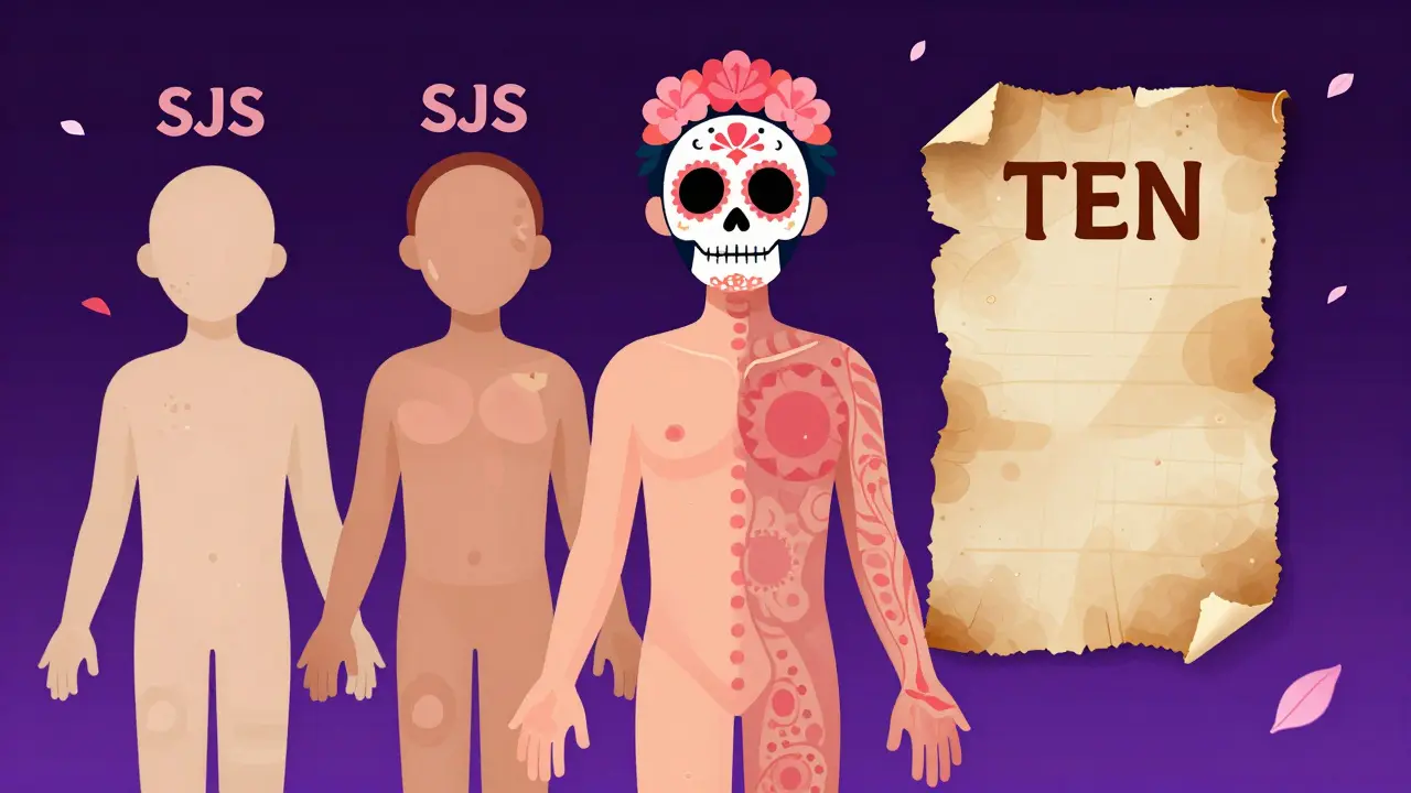 Conceptual diagram of SJS and TEN skin detachment stages in Calavera style