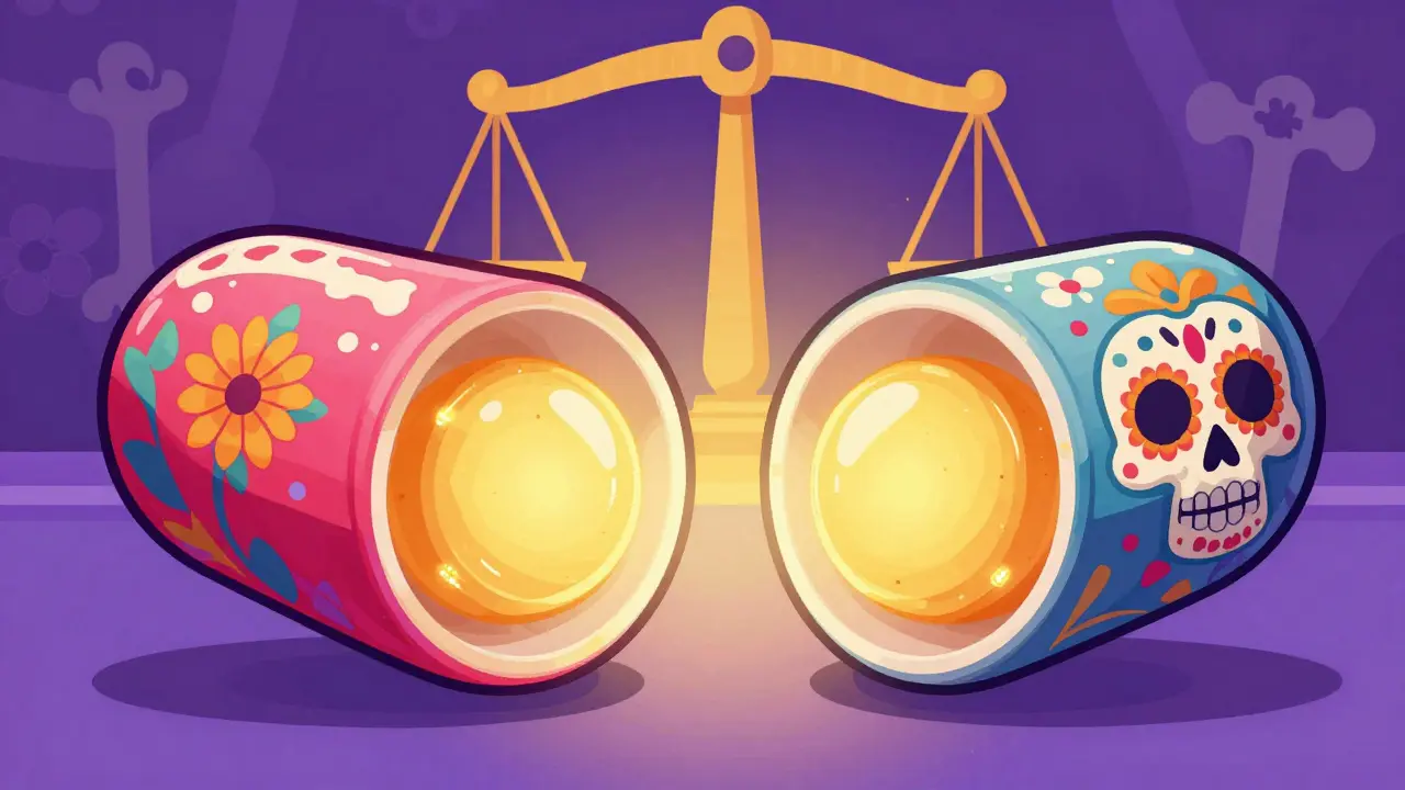 Cross-section of pills showing identical centers but different outer coatings.