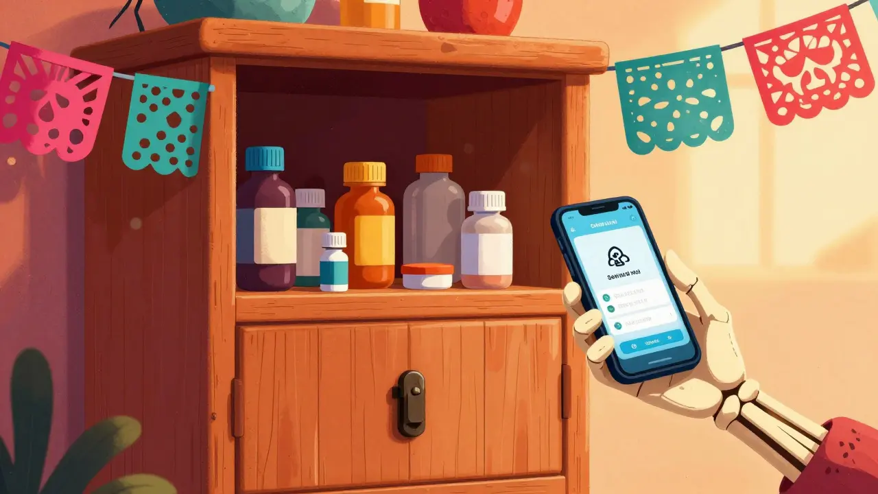 Day of the Dead aesthetic showing a locked medication cabinet and a phone for emergency preparation.