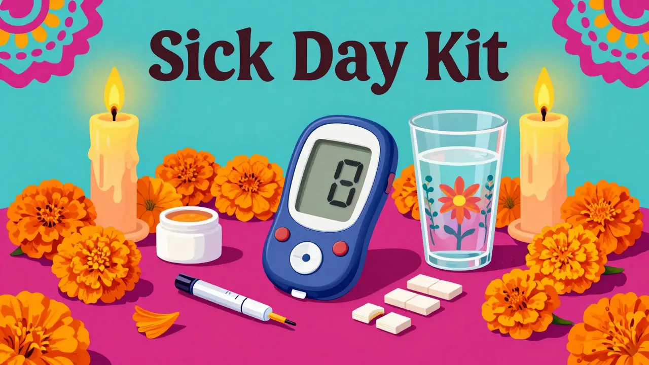 Diabetes sick day kit with ketone meter and water on a festive Day of the Dead altar