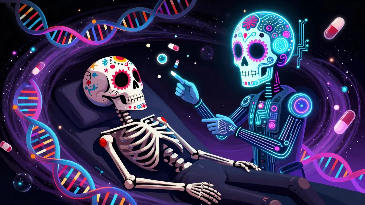 Neon AI Calavera mask analyzing DNA to choose the correct drug for a sugar skull patient.