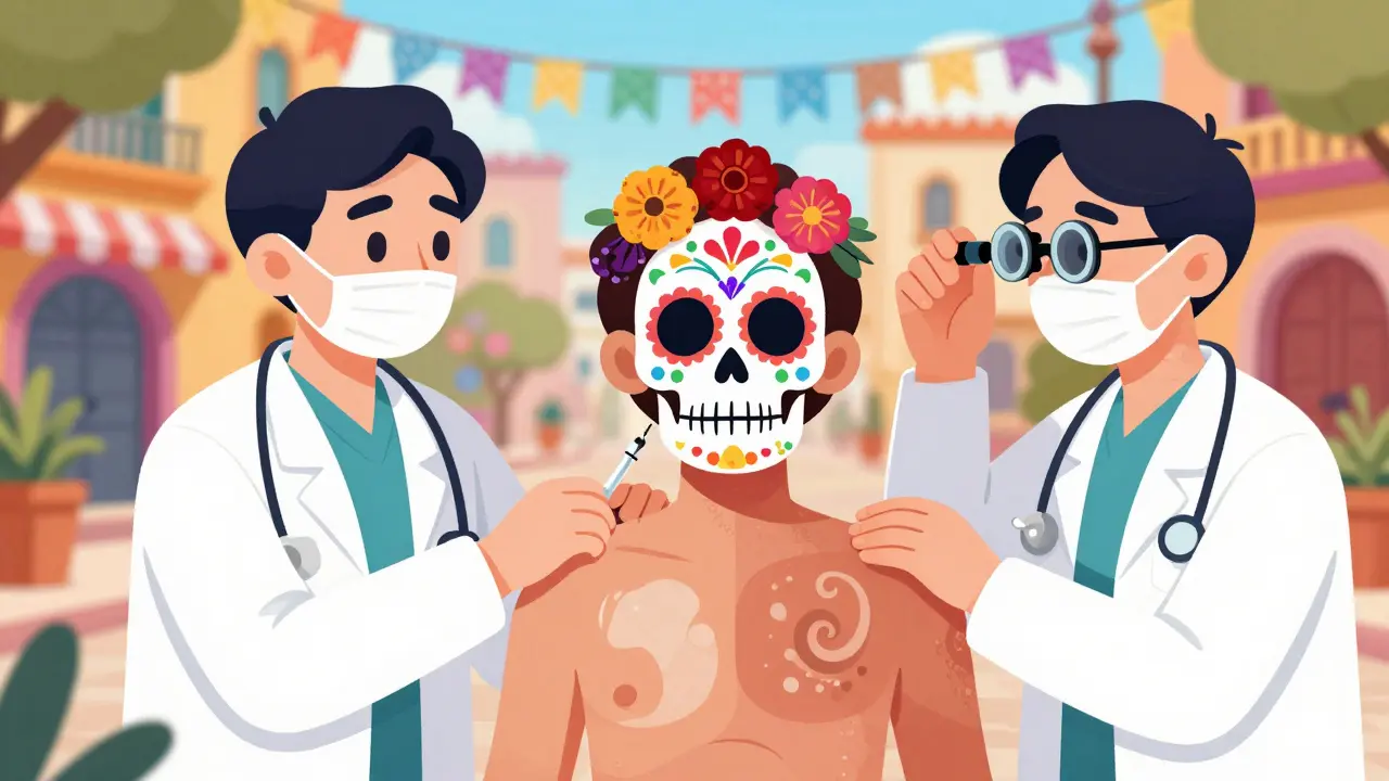 Patient receiving long-term care from specialists in a festive illustration