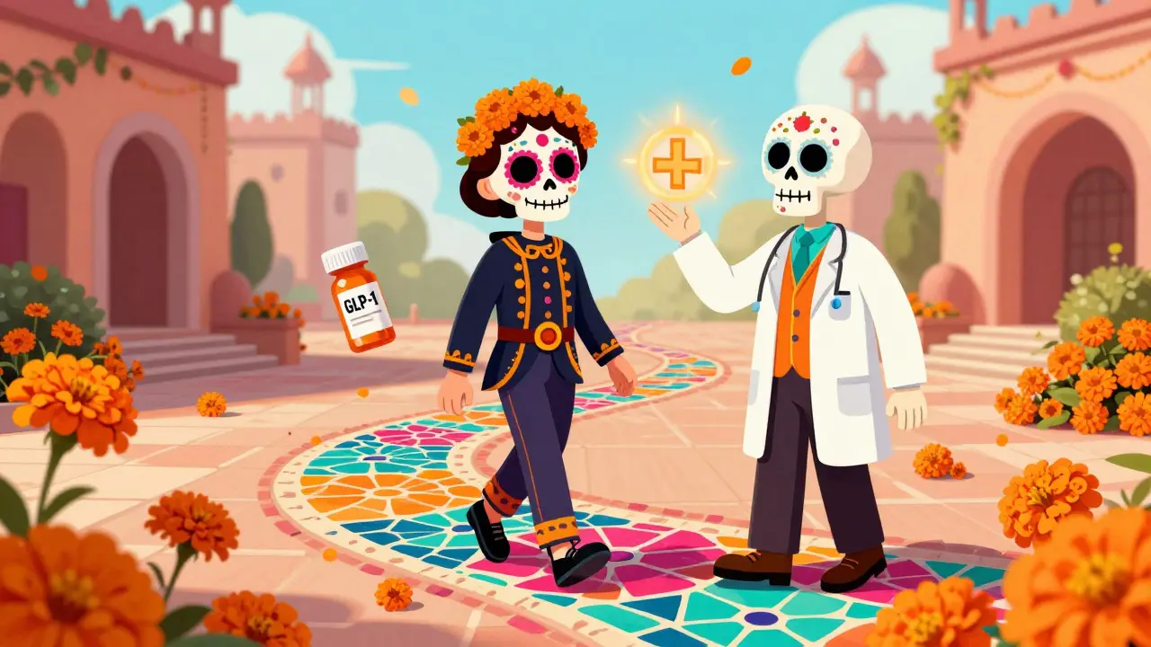 Person on a recovery path with a skeletal doctor in festive Day of the Dead style.