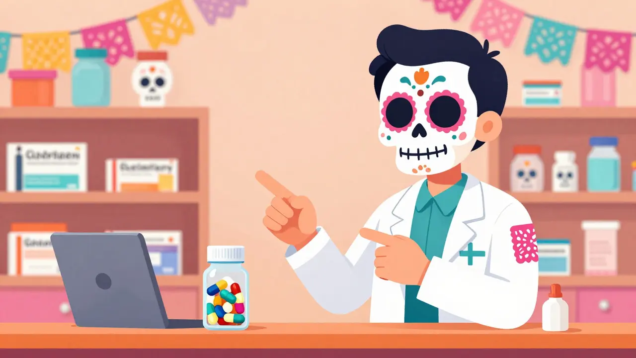Pharmacist showing a patient a medicine bottle in vibrant artwork.