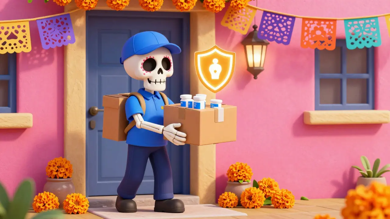 Skeletal courier delivering a secure medication package with colorful folk art decorations