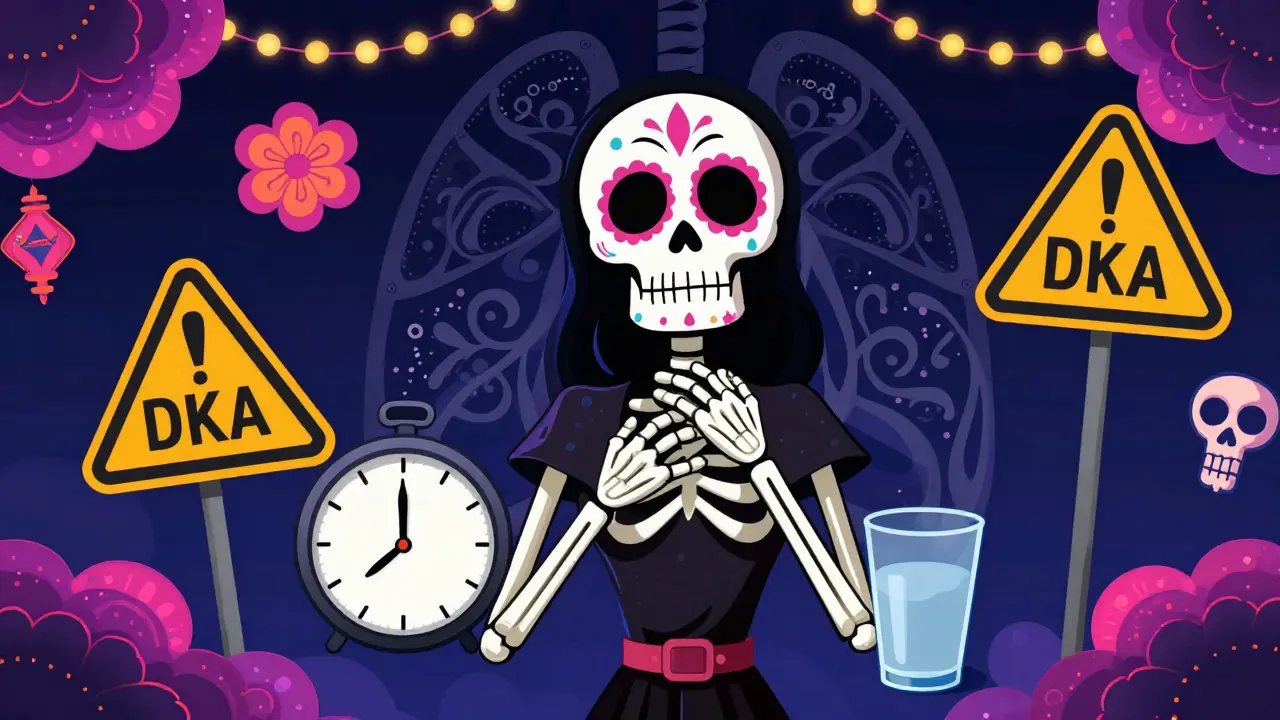 Skeletal figure surrounded by Day of the Dead symbols indicating medical red flags and DKA