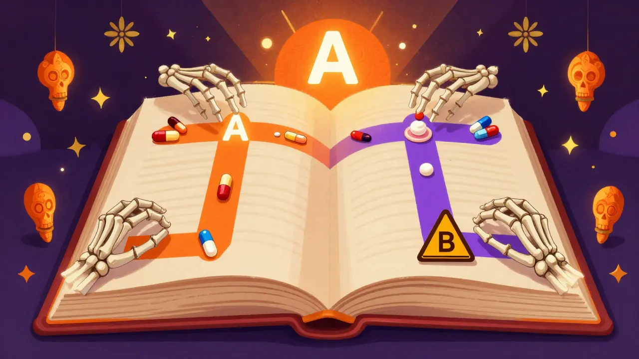 Skeletal hands sorting medications into 'A' and 'B' categories from a large, colorful book.