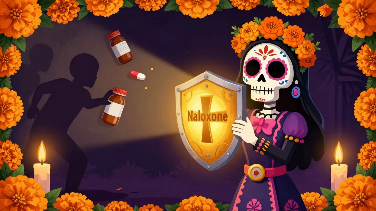 Skeleton figure holding a golden protective shield surrounded by marigolds and candles.