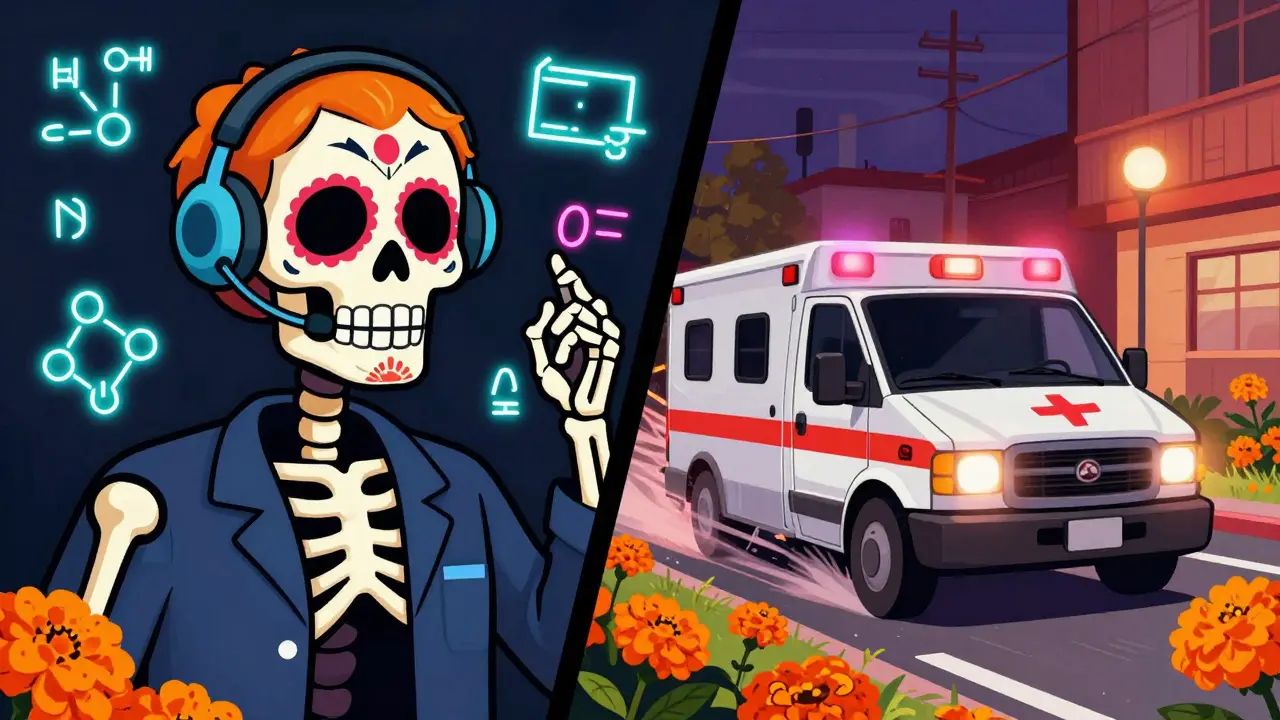 Split illustration comparing a Poison Control specialist and an emergency ambulance in folk art style.