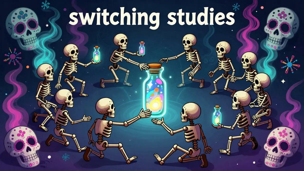 Stylized skeletons in a circle passing a glowing vial, illustrated in a Day of the Dead artistic style.