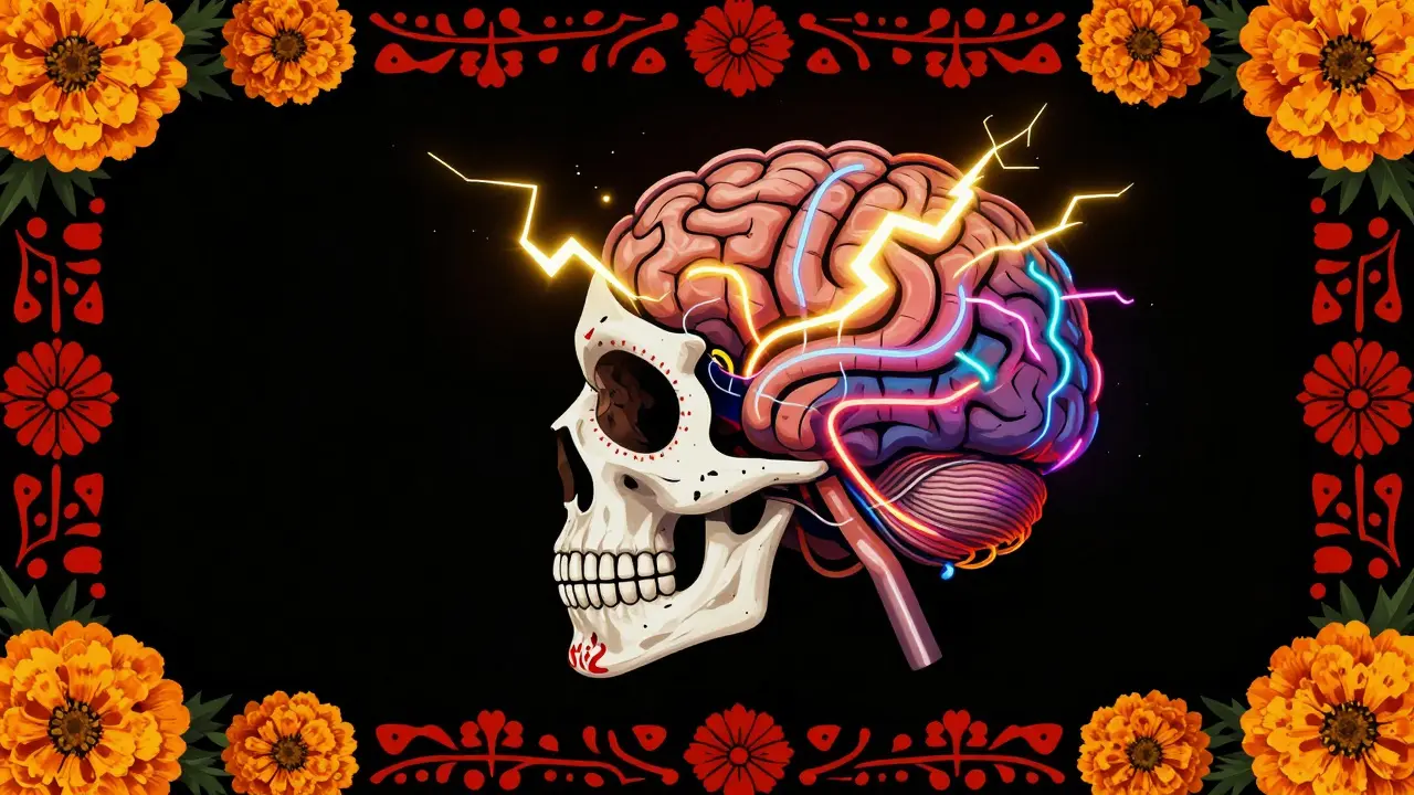 Stylized skull profile with neon electrical sparks in the brain and floral borders.