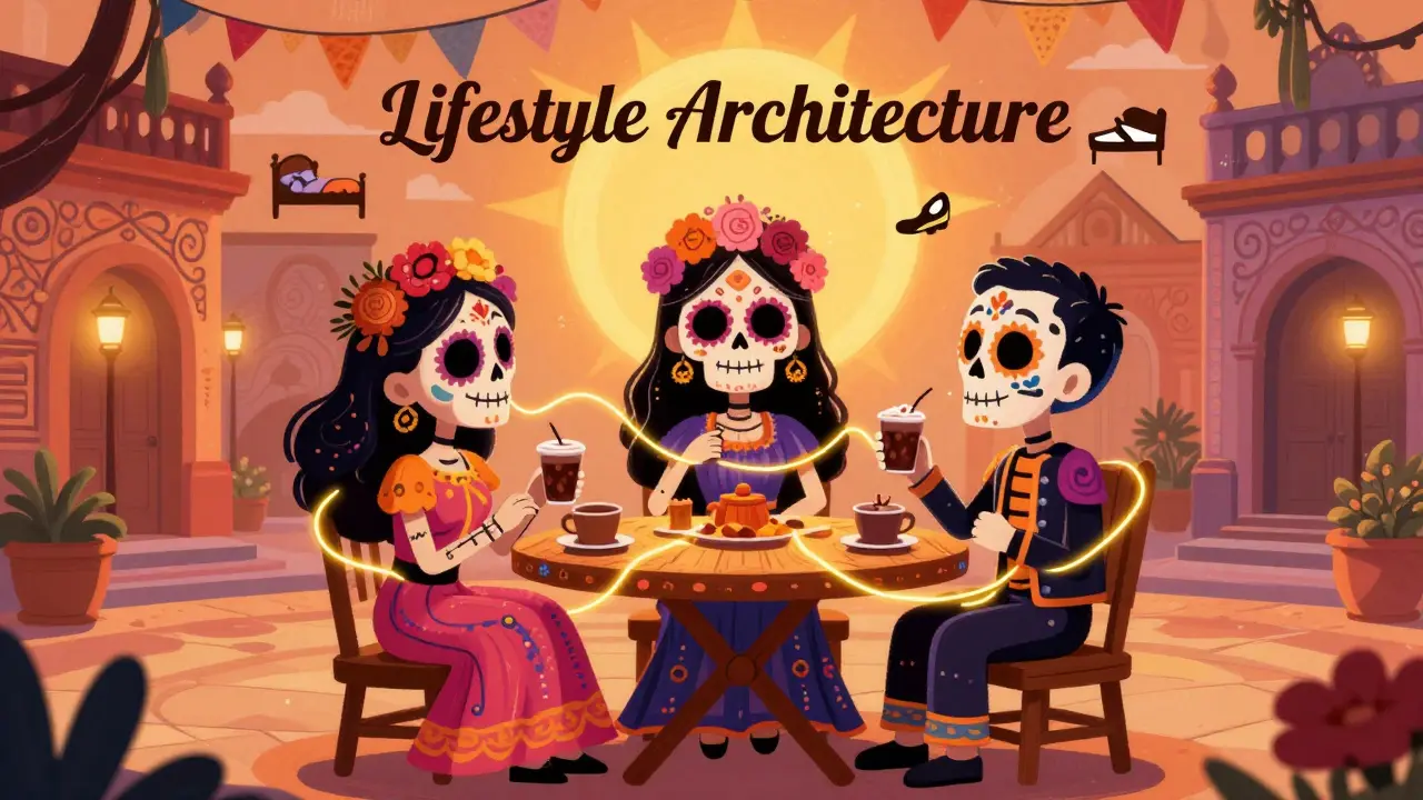 Three colorful sugar skull friends connected by golden threads while sharing coffee in a festive plaza.