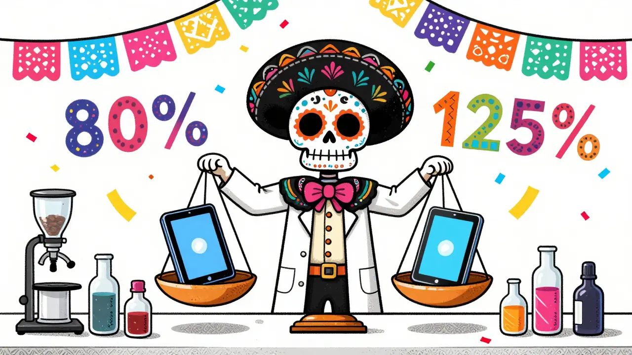A Catrina scientist balancing generic and brand drugs within acceptance limits.