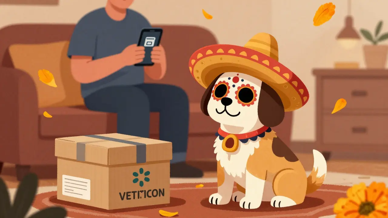 A dog with calavera makeup sits next to vet meds while a person checks a delivery app, Day of the Dead art style.