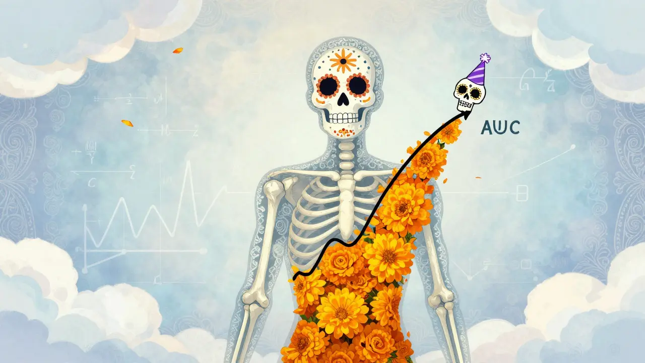 A skeletal figure with internal graphs showing drug absorption peaks and areas.
