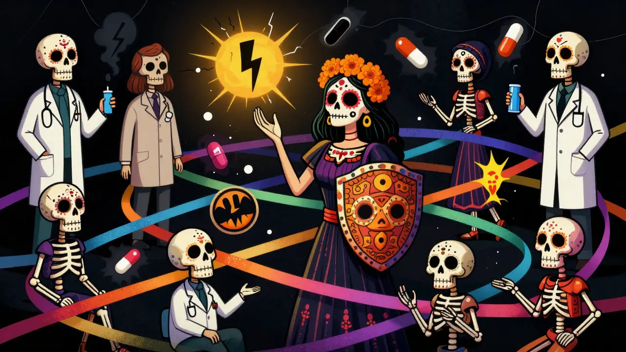 Calavera-style woman navigating a web of ribbons and shadows representing drug interactions.