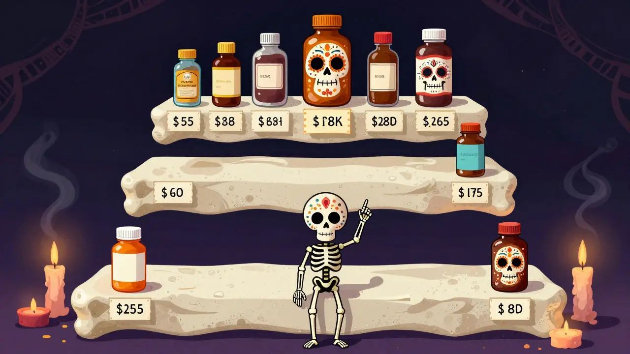 Day of the Dead art showing tiered drug costs with sugar skull motifs