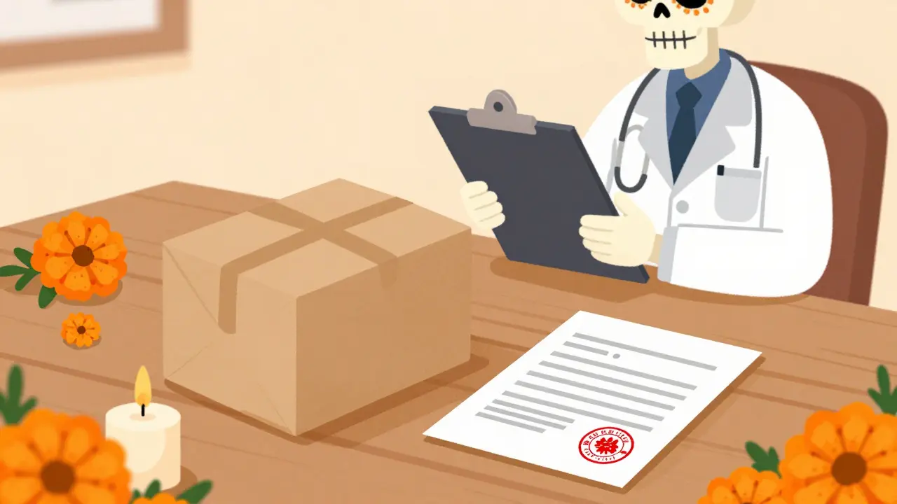 Discreet package and prescription on a table with a doctor skeleton approving