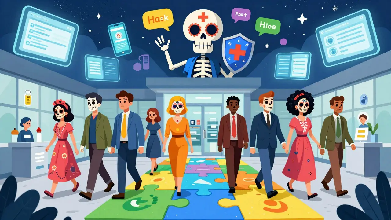 Diverse Day of the Dead patients walking safely toward pharmacy