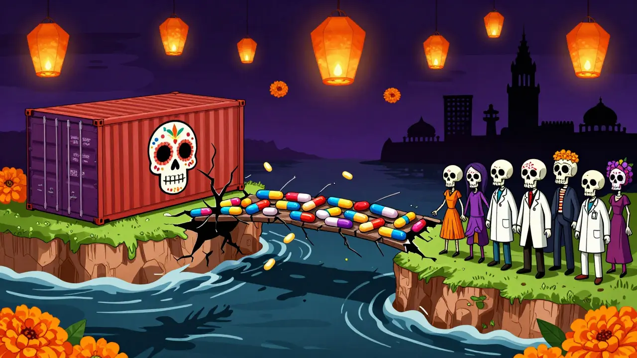 Fragile pill bridge connecting continents with cracking infrastructure in cartoon style.