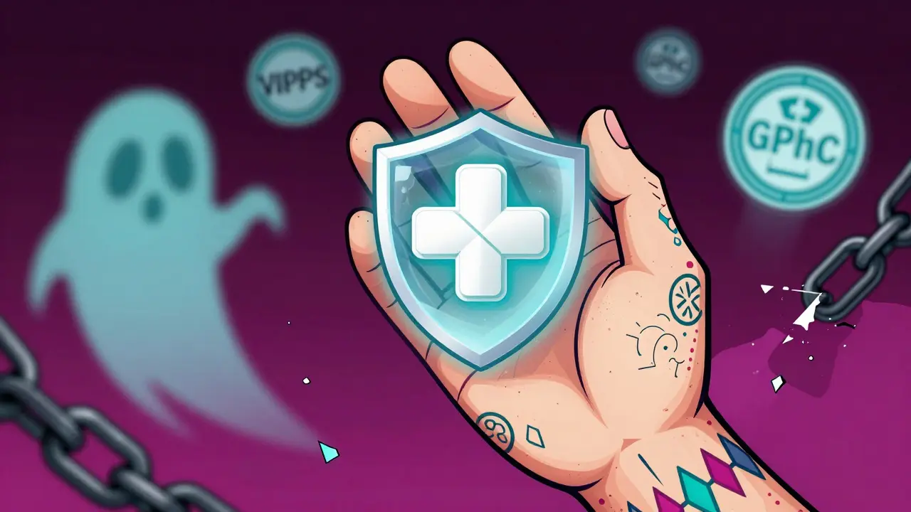 Hand holding a protected pill surrounded by floating pharmacy verification seals