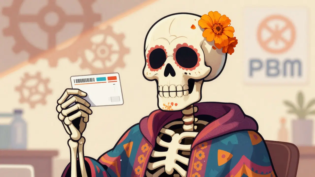 Happy skeleton patient holding prescription card in festive illustration