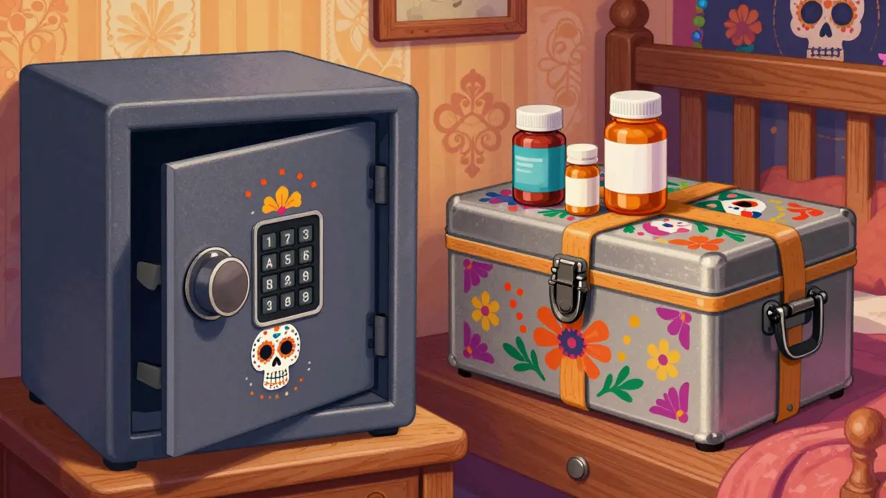 Illustration comparing a hotel safe and portable lock box for storing medicine securely.