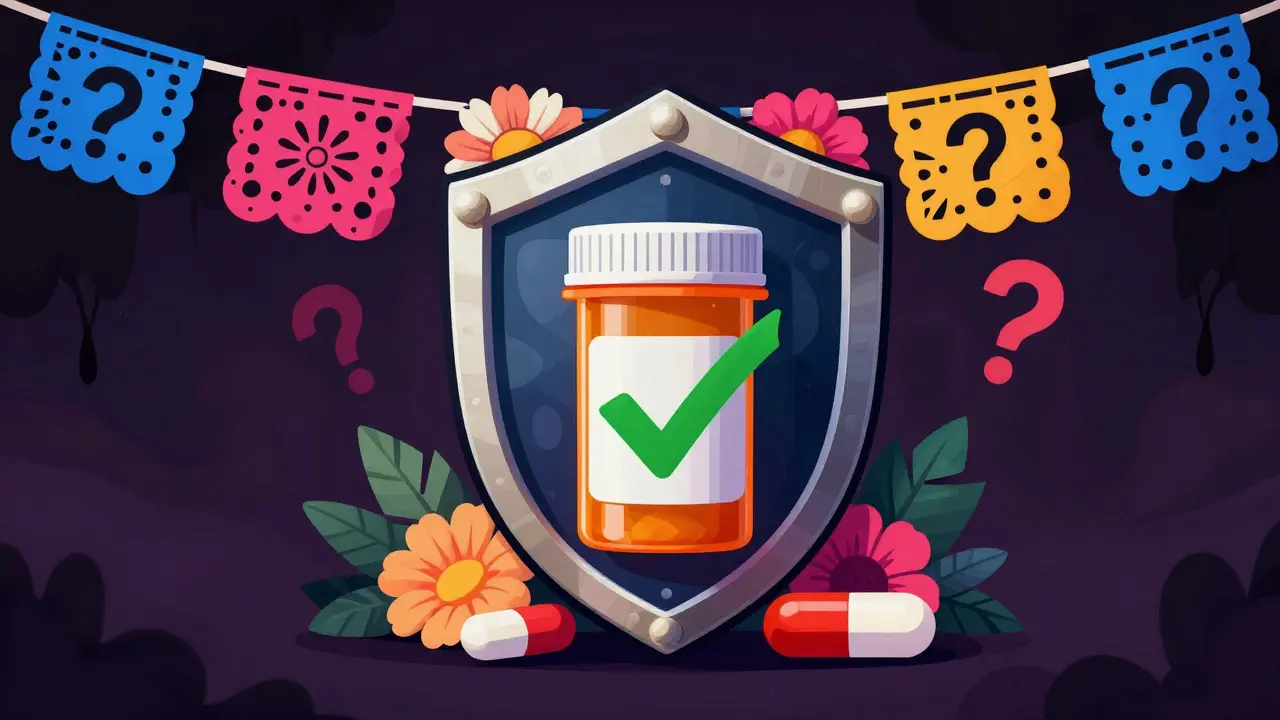 Illustration of a bone-and-flower shield protecting a prescription bottle from counterfeit pills, in Day of the Dead style.
