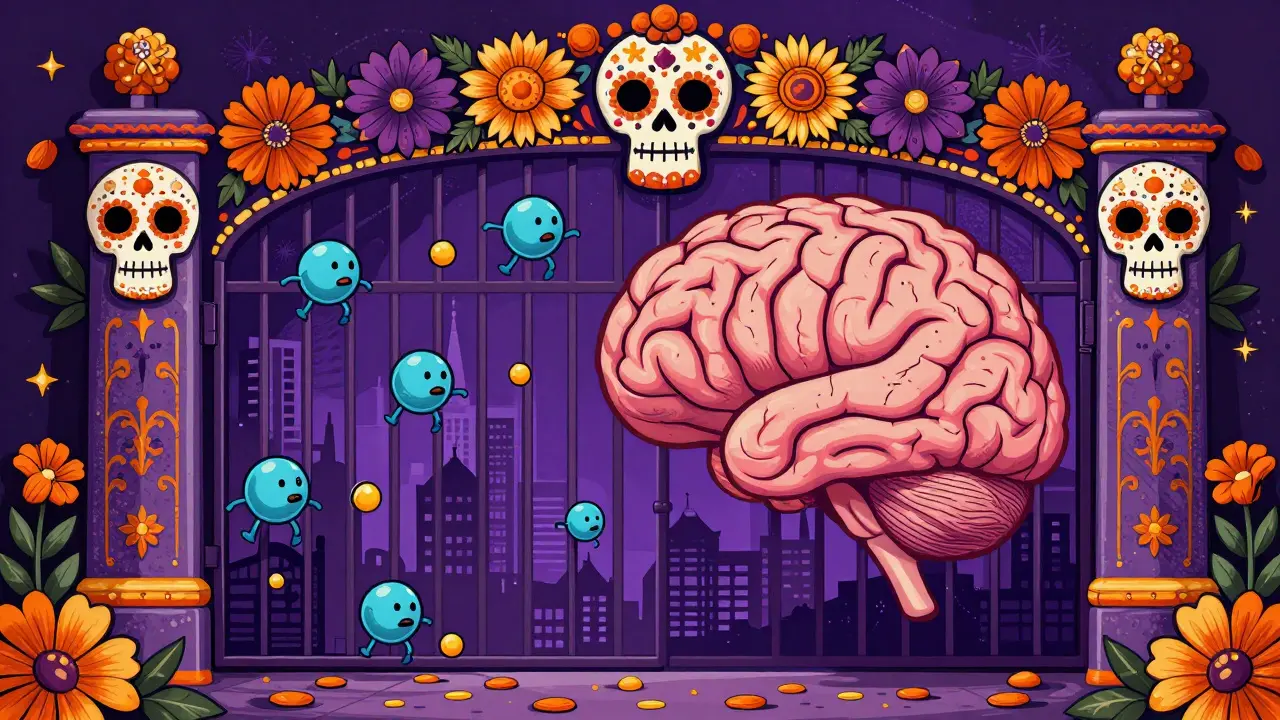 Illustration of blood-brain barrier blocking GABA molecules
