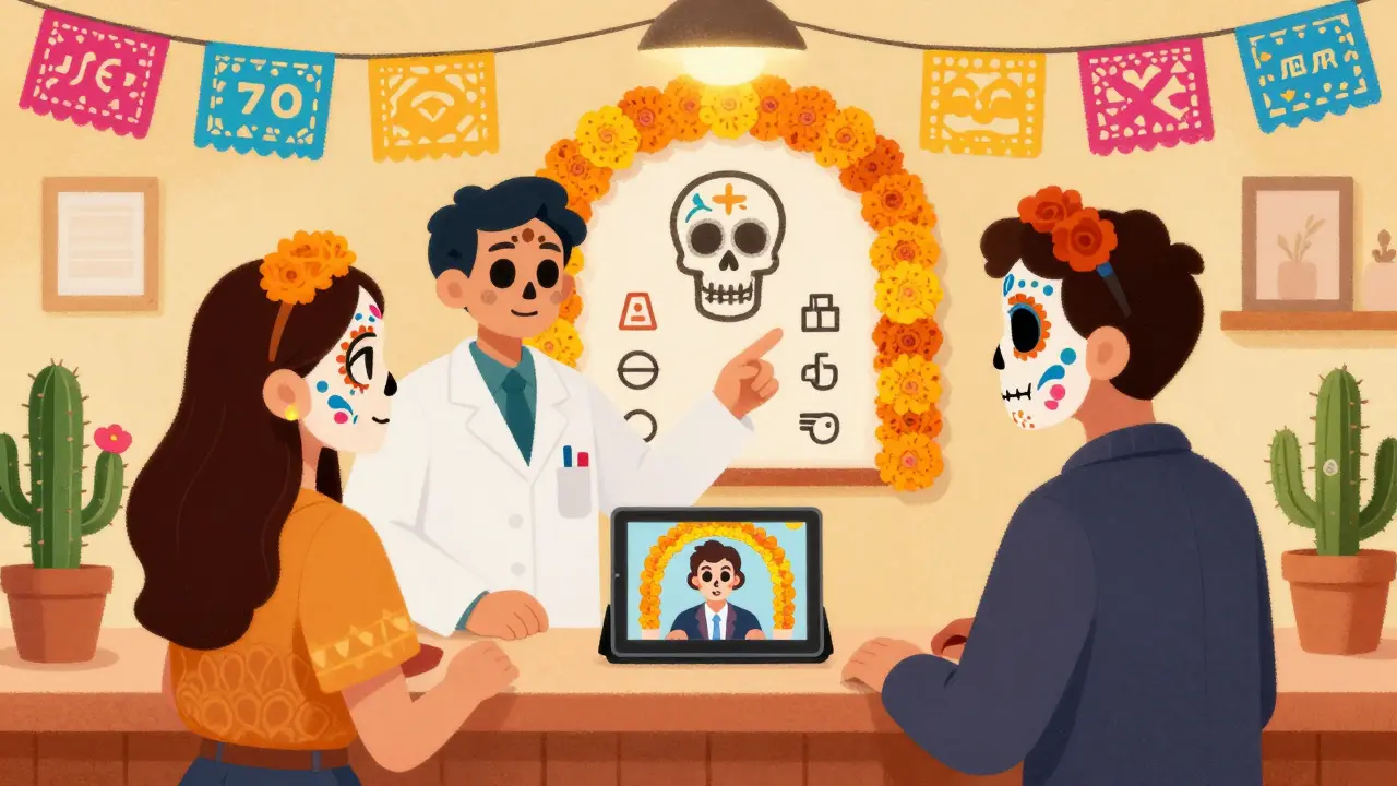 Pharmacist and patient using video interpreter service at counter