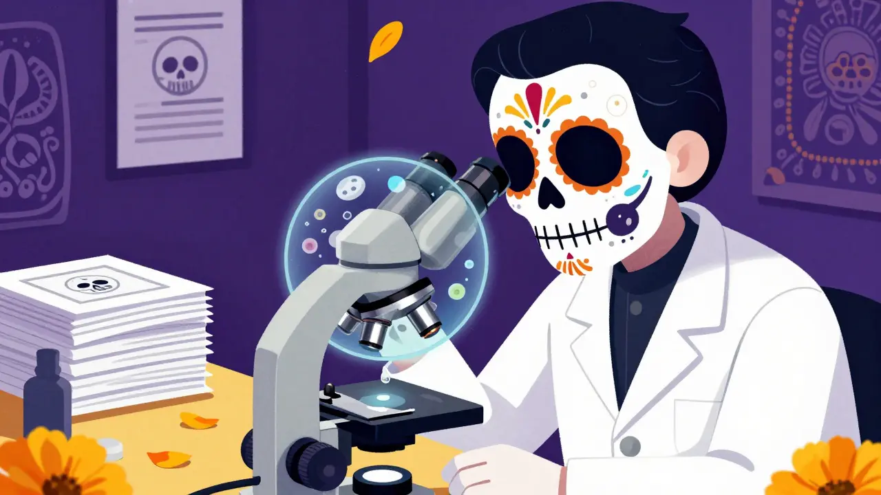 Skeletal scientist examining impurities under a microscope with skull motifs.
