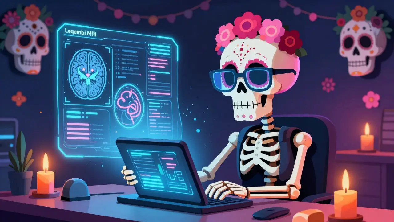 Skeleton analyst reviews medical data holograms in futuristic Day of the Dead style