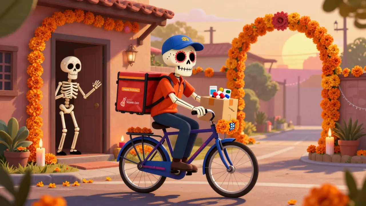 Skeleton courier delivering medicine package on decorated bike