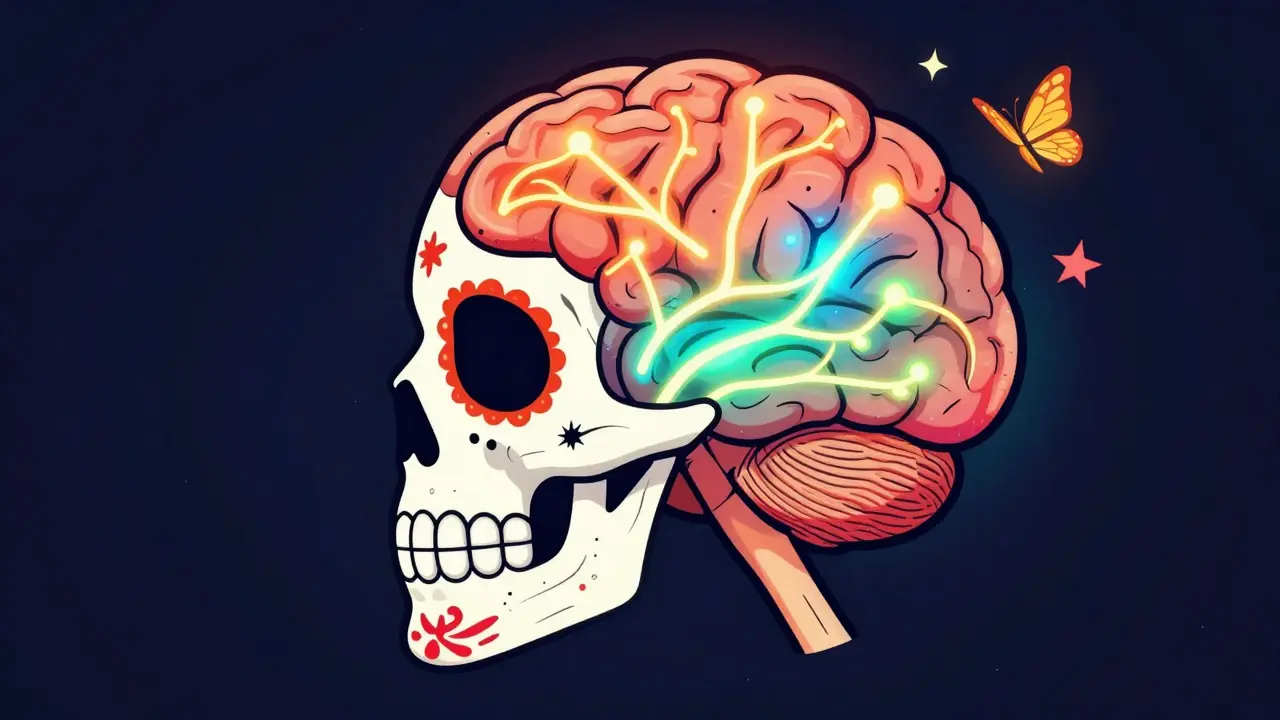 Sugar skull brain with neural pathways shifting from red to blue