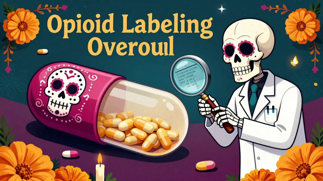 Sugar skull pill inspected for opioid risks in colorful Dia de los Muertos illustration