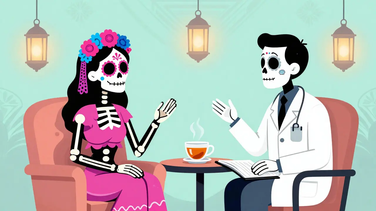 Two skeletons discussing therapy in a calm, flower-decorated room