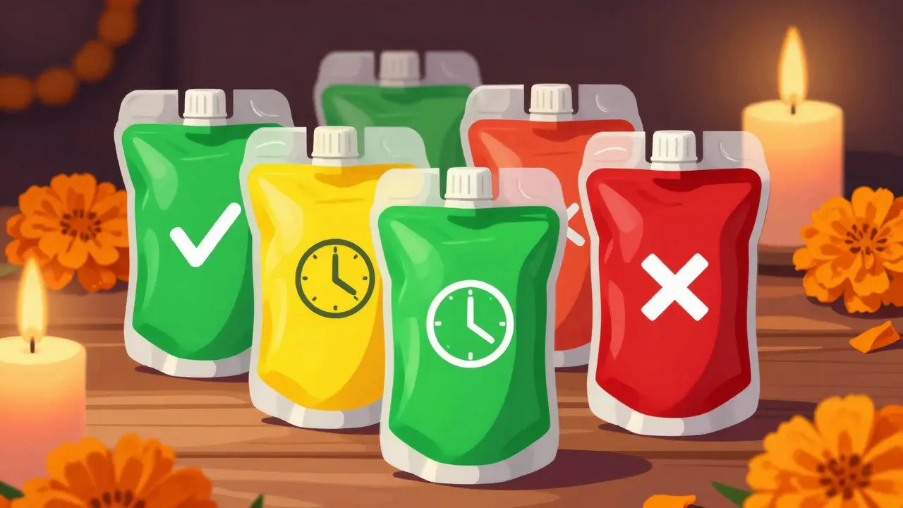 Color-coded breast milk bags with symbolic icons on festive table