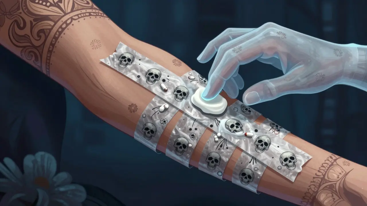 Day of the Dead arm with tape strips showing drug penetration struggle